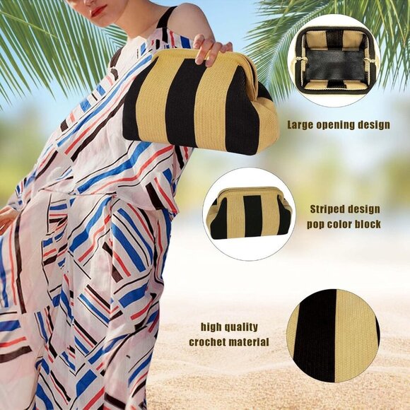 🆕Women Brown Black Crochet Striped Summer Beach Clutch Dumpling Handbag Wallet - Picture 3 of 7